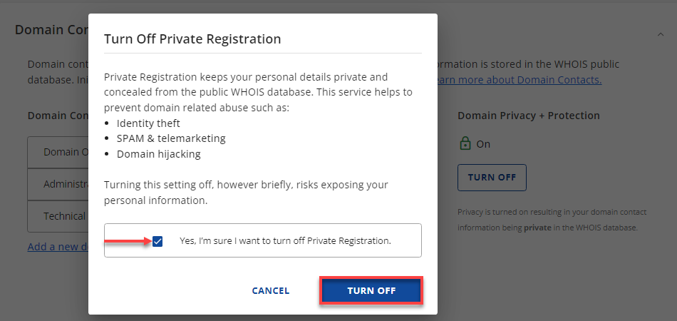 Turn Off button in confirmation window