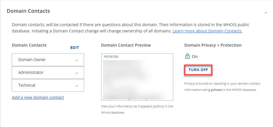 Turn off button under Domain Contacts