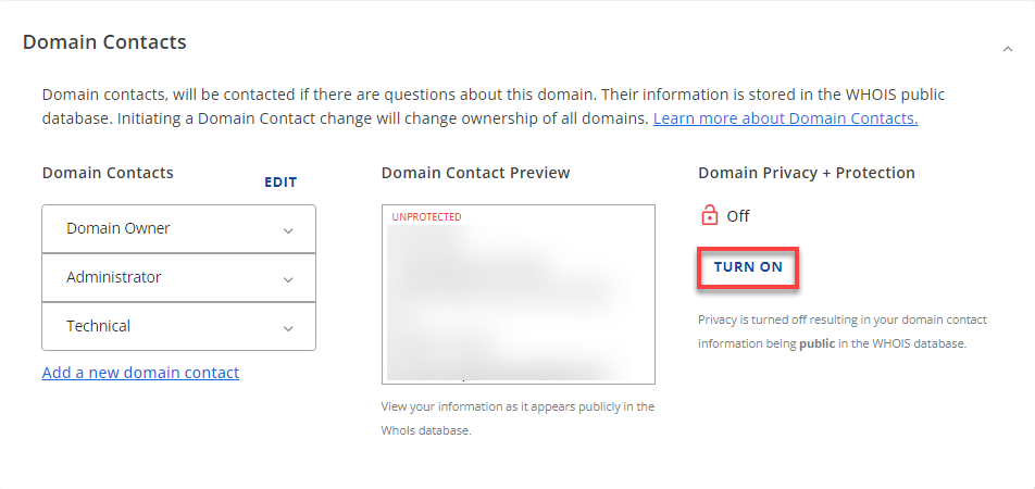 Turn On button under Domain Contacts