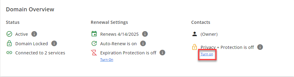 Turn on button under Domain Overview