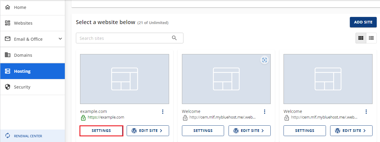Bluehost hosting settings button