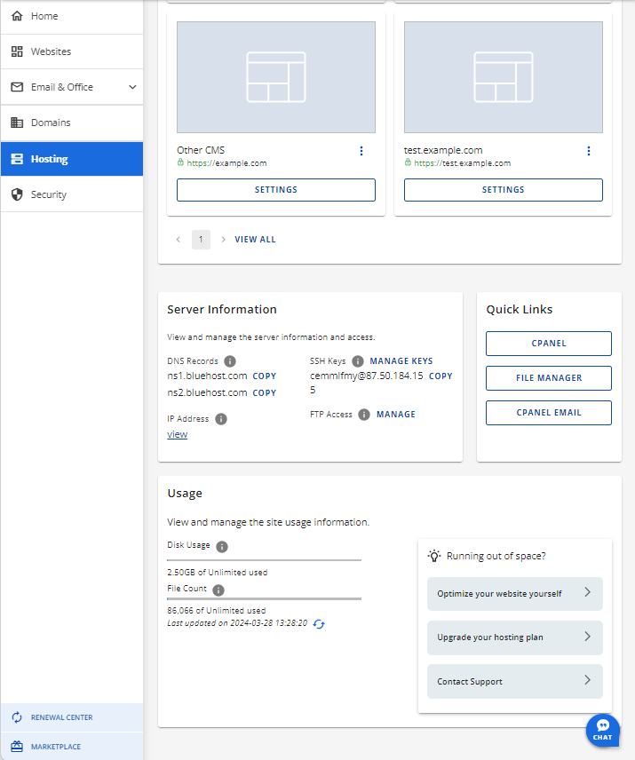 Bluehost account manager domains tab