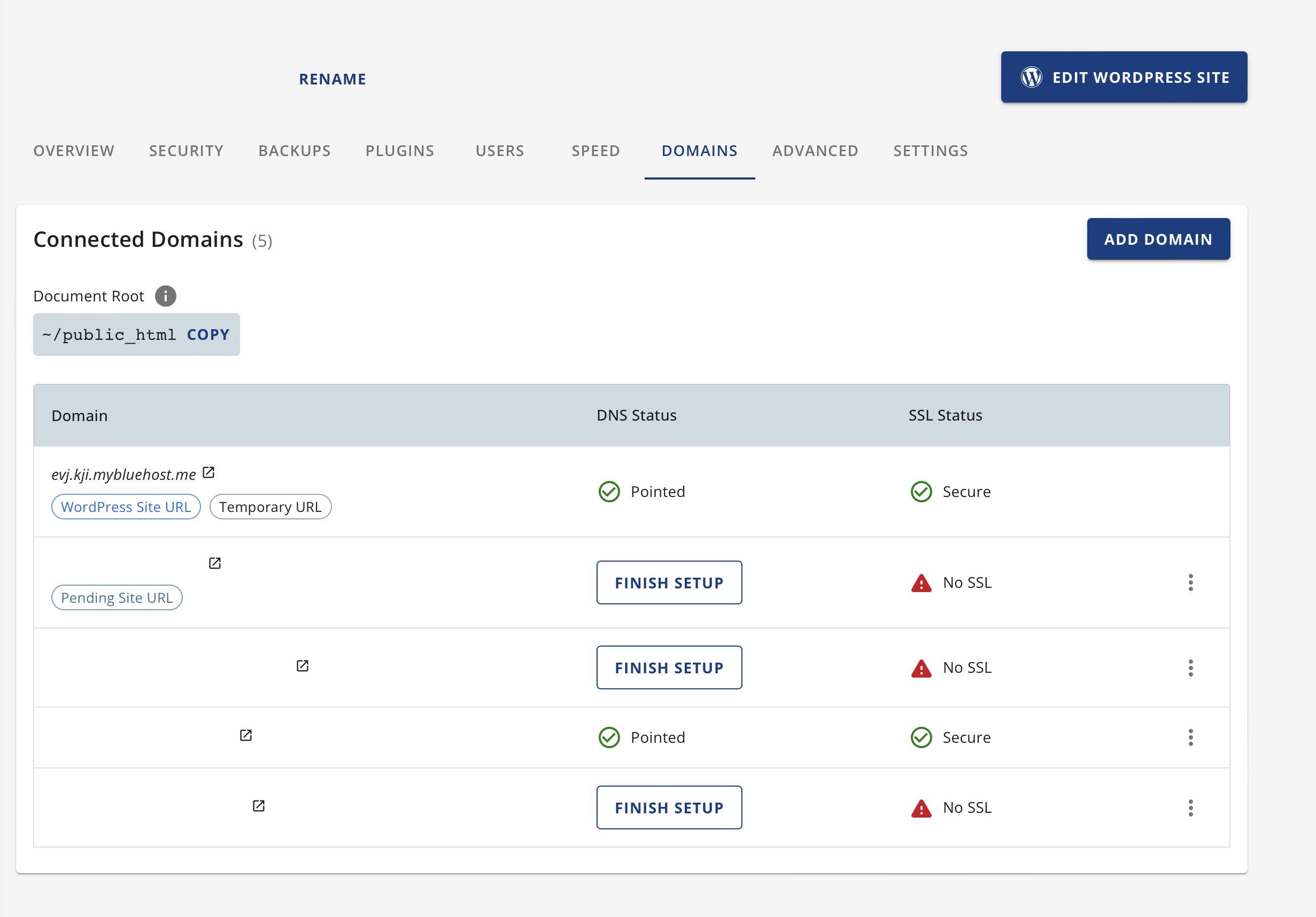 Bluehost account manager domains