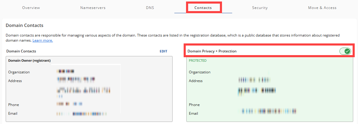 Turn On button under Domain Contacts