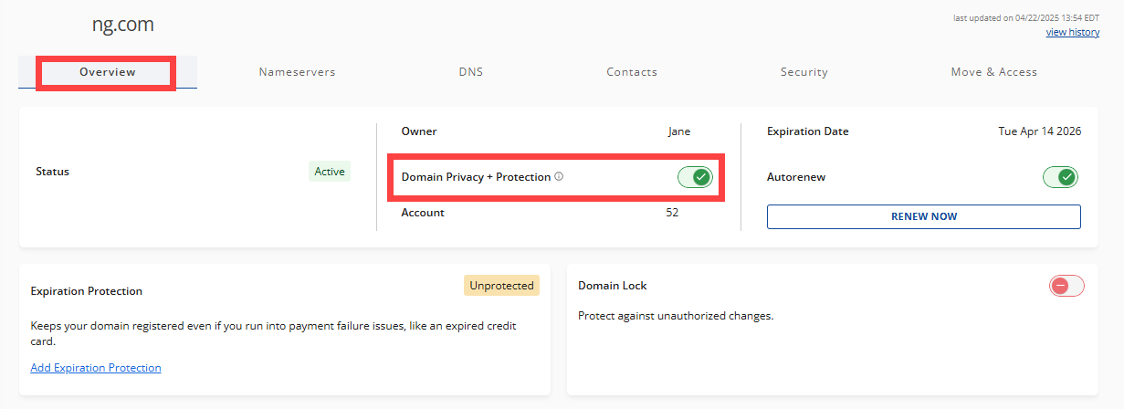 Turn on button under Domain Overview