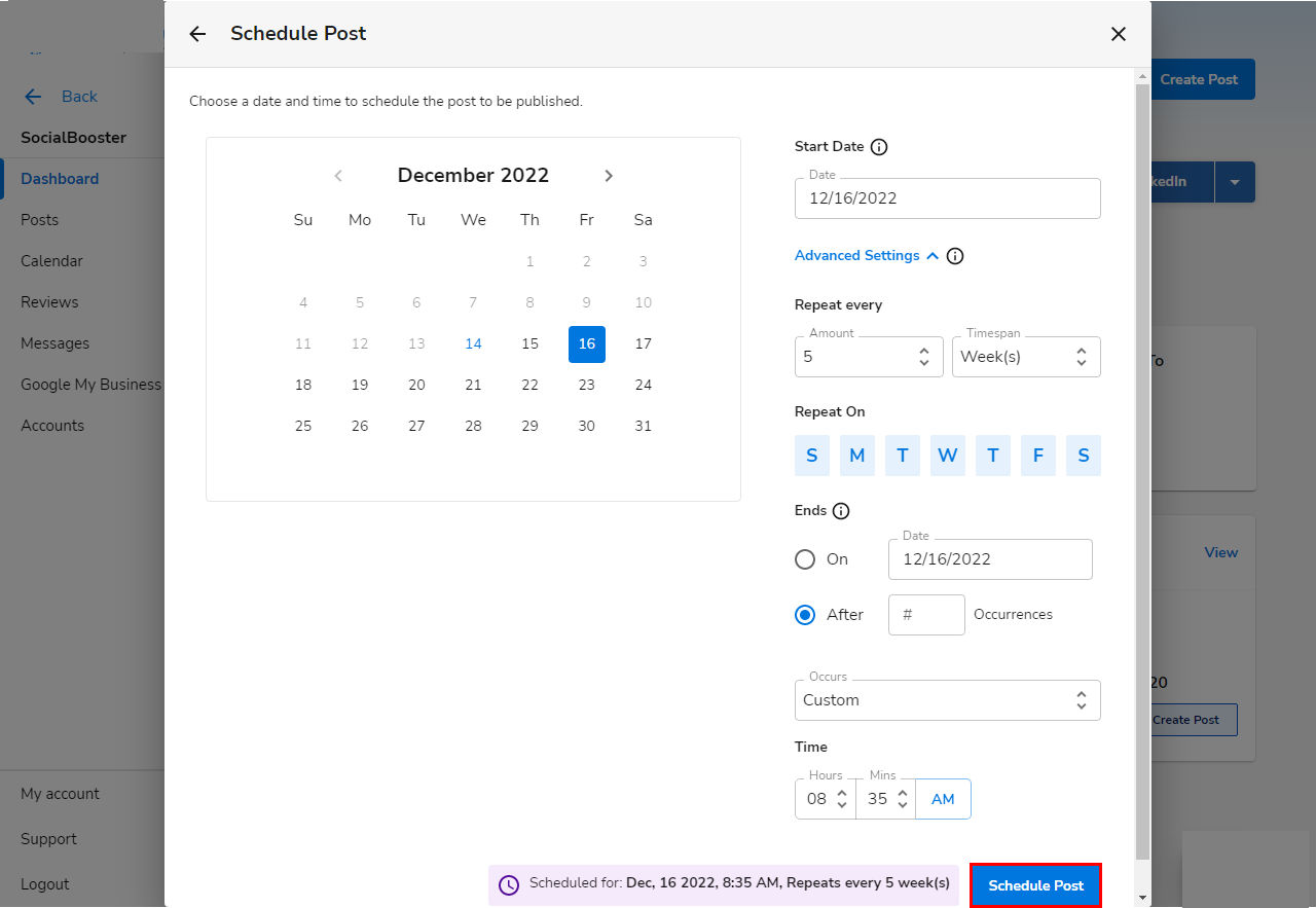 SocialBooster - Schedule Post Custom Advance Settings