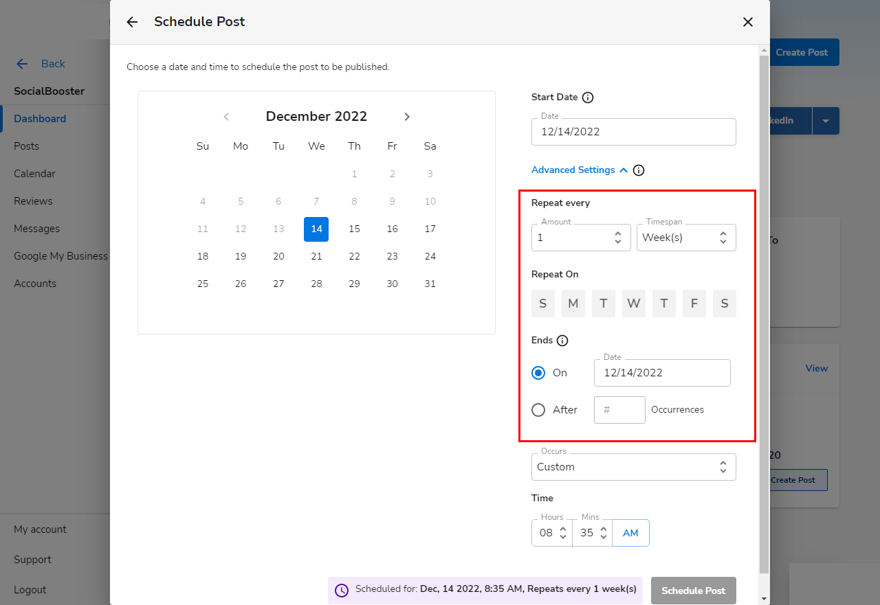 SocialBooster - Schedule Post Custom Advance Settings