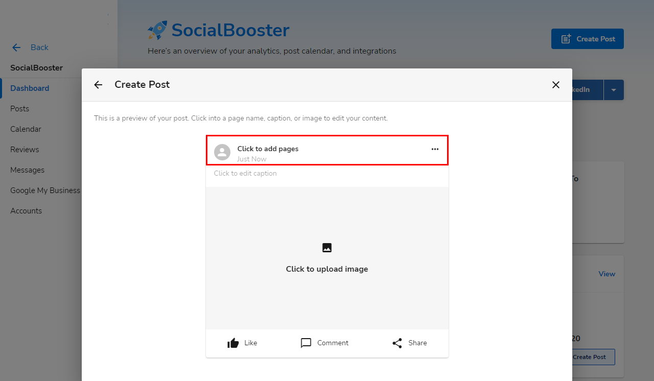 SocialBooster - Click to add pages