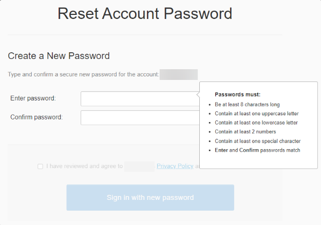 Reset password screen