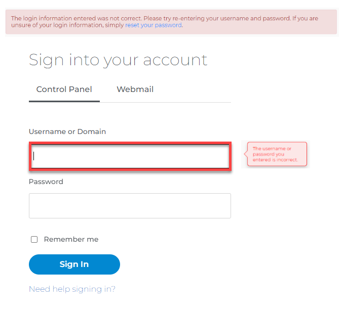 Wrong Username and Password